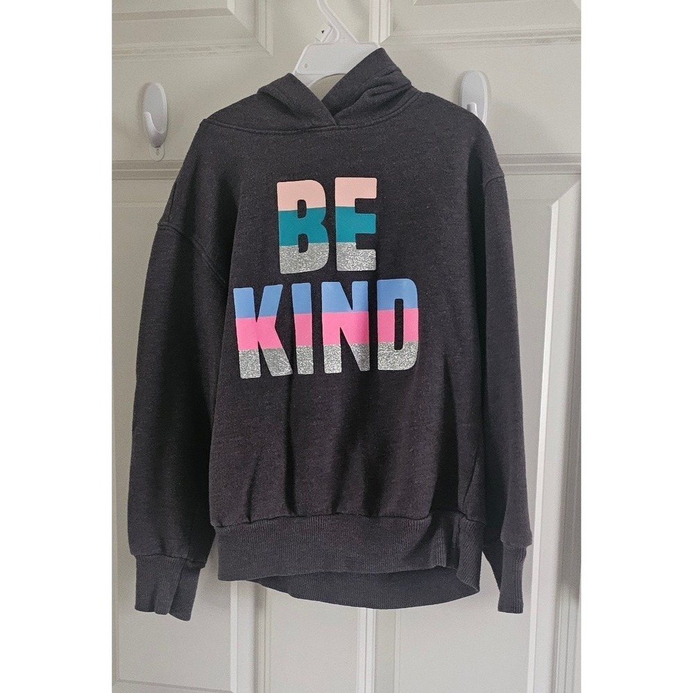 SO Favorite Hoodie Girls Medium 8 Be Kind Graphic Glitter Charcoal Gray Pullover